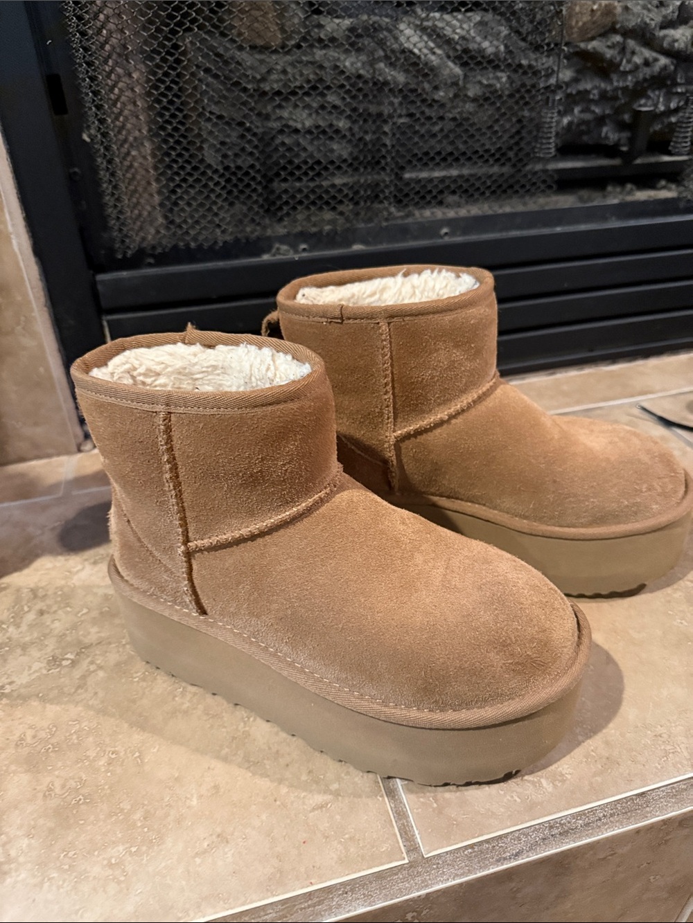 UGG Chestnut Suede Platform Short Boot Slippers
